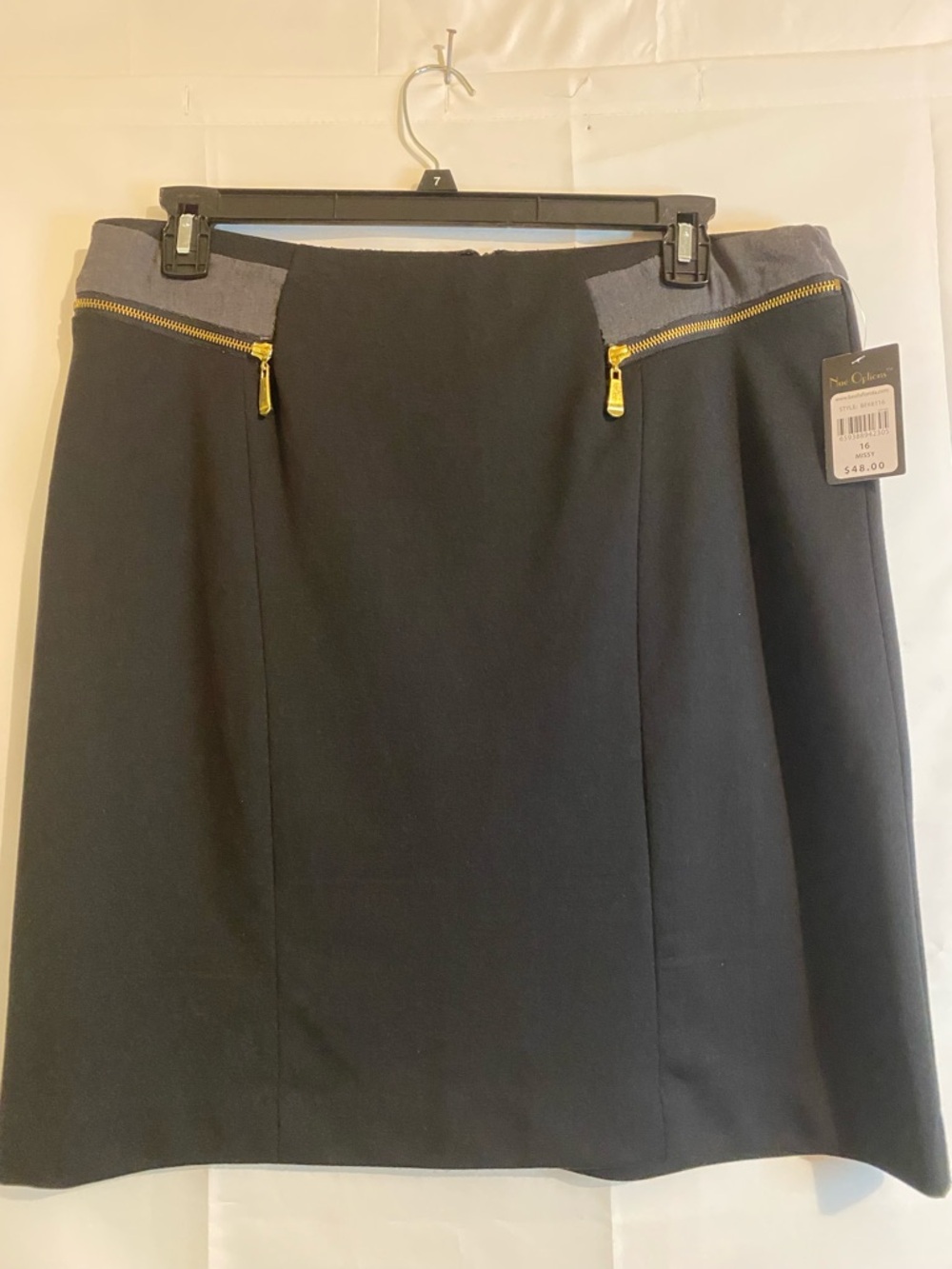 Nue Options Black Pencil Skirt with Gray Waistband and Gold Zips
